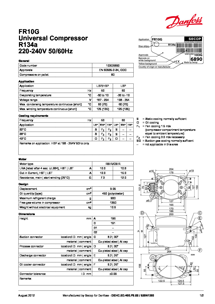 Технічні характеристики та розміри герметичного поршневого компресора Danfoss FR10G