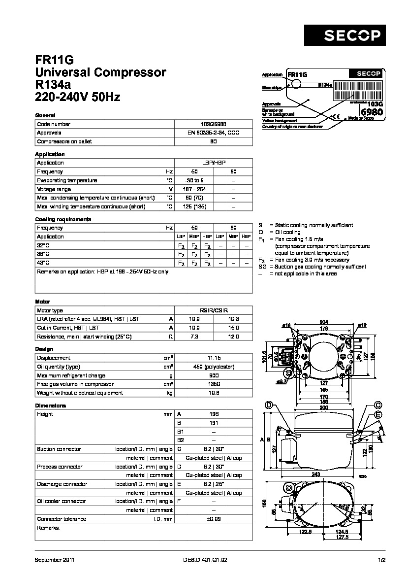 Технічні характеристики та розміри герметичного поршневого компресора Danfoss FR11G