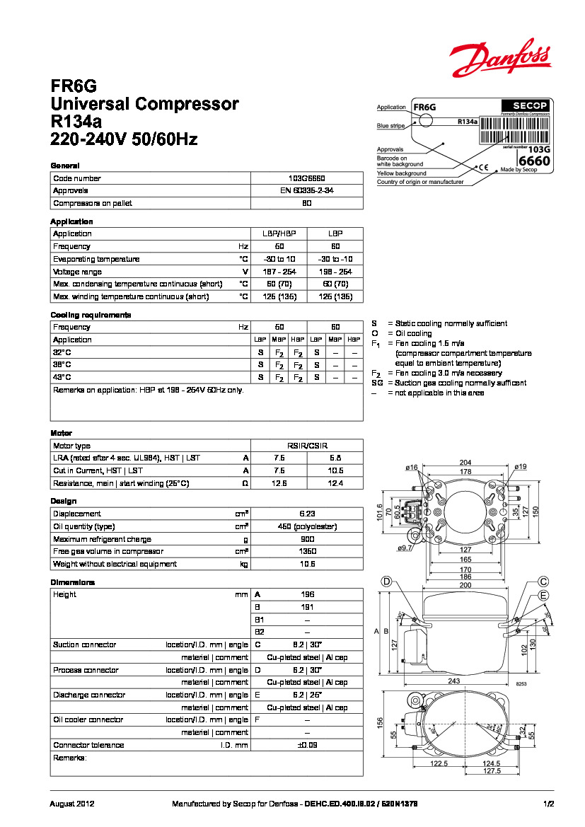 Технічні характеристики та розміри герметичного поршневого компресора Danfoss FR6G