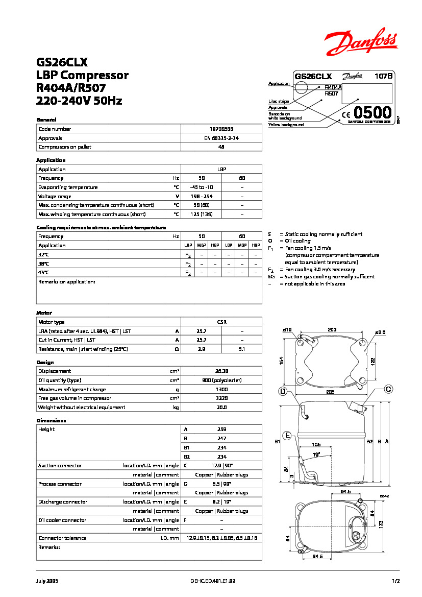 Технічні характеристики та розміри герметичного поршневого компресора Danfoss GS26CLX