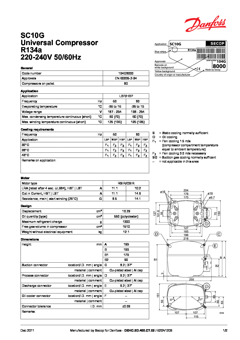 Технічні характеристики та розміри герметичного поршневого компресора Danfoss SC10G