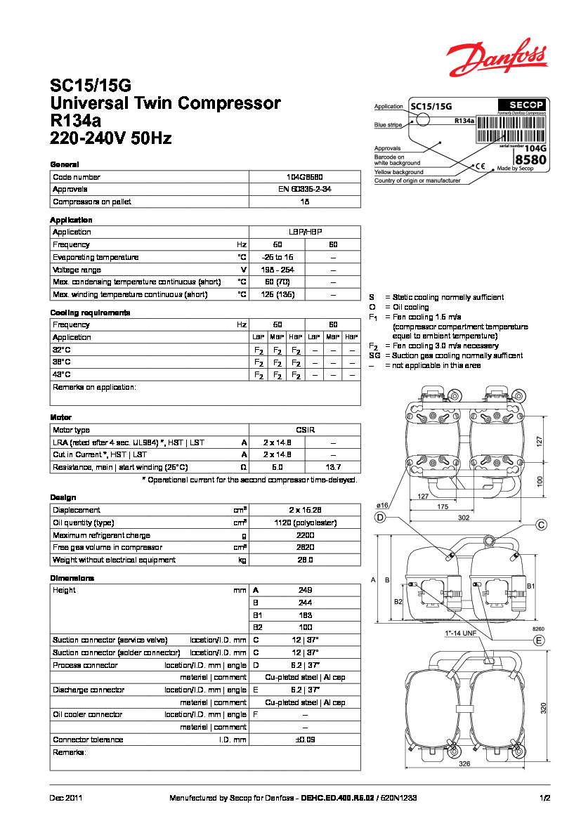 Технічні характеристики та розміри герметичного поршневого компресора Danfoss SC15
