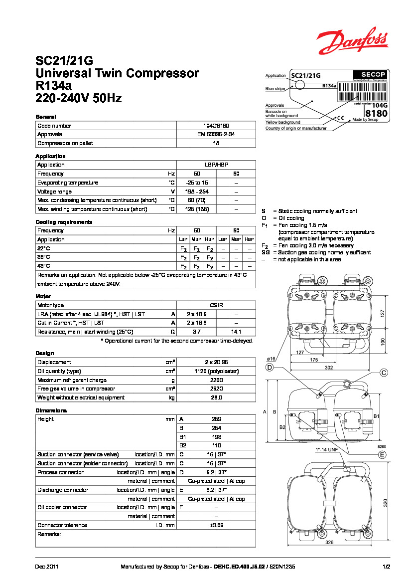 Технічні характеристики та розміри герметичного поршневого компресора Danfoss SC21