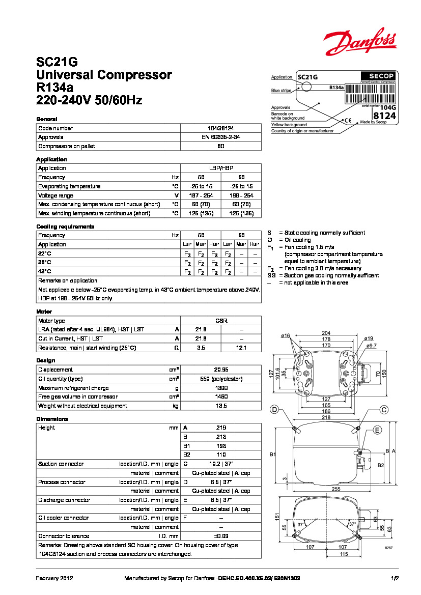 Технічні характеристики та розміри герметичного поршневого компресора Danfoss SC21G