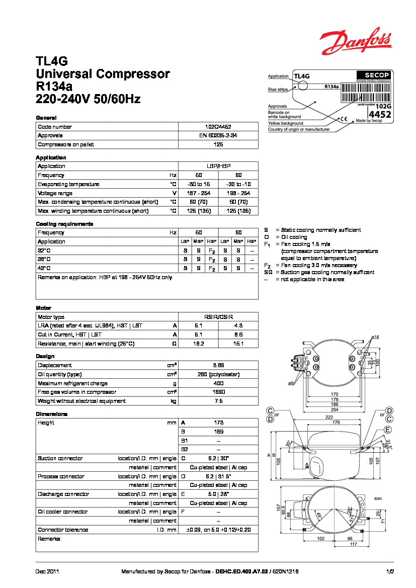 Технічні характеристики та розміри герметичного поршневого компресора Danfoss TL4G