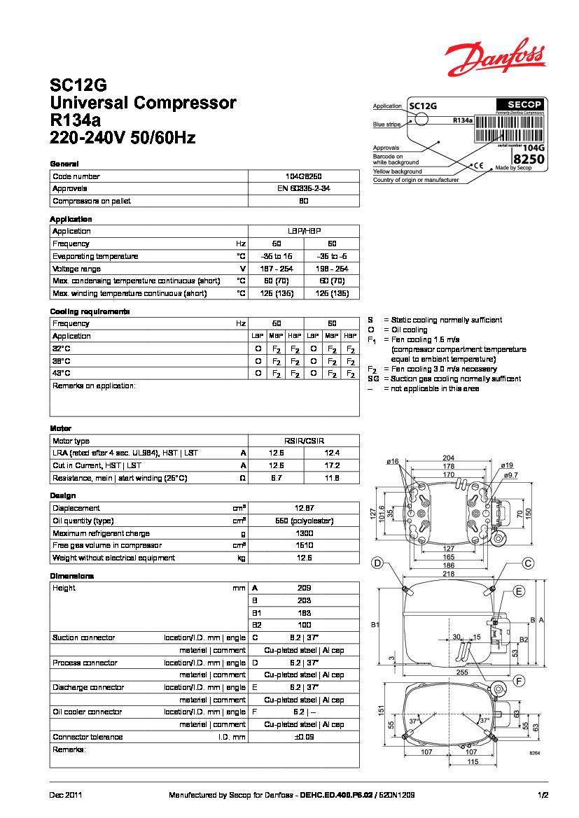 Технічні характеристики та розміри герметичного поршневого компресора Danfoss SC12G