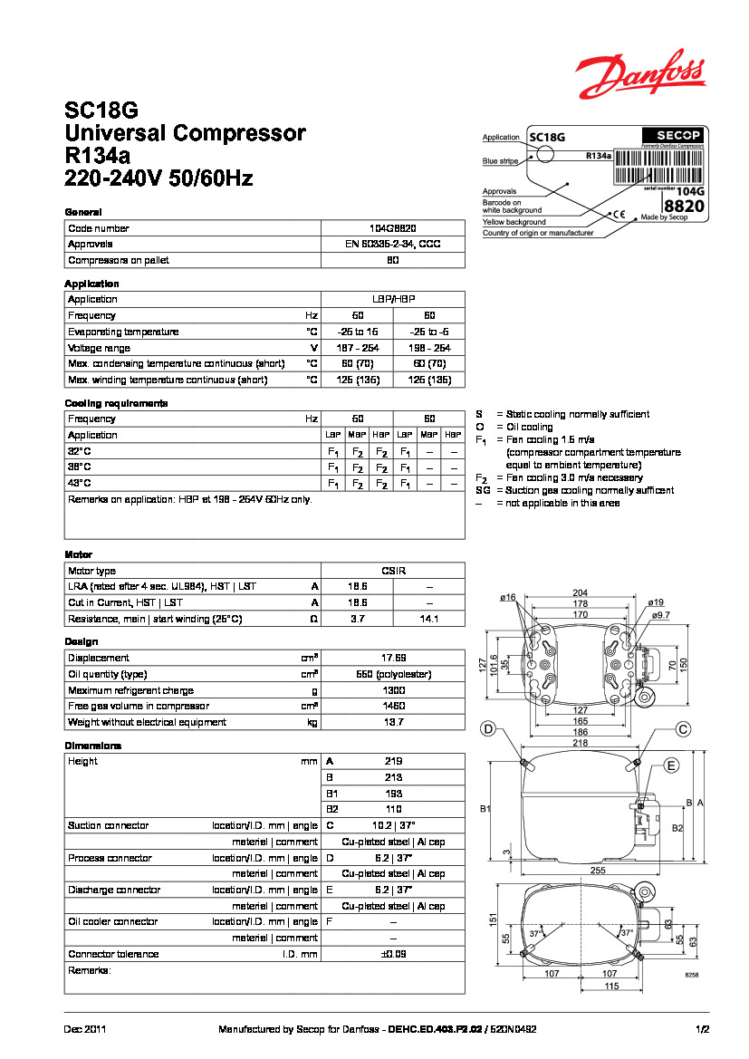 Технічні характеристики та розміри герметичного поршневого компресора Danfoss SC18G