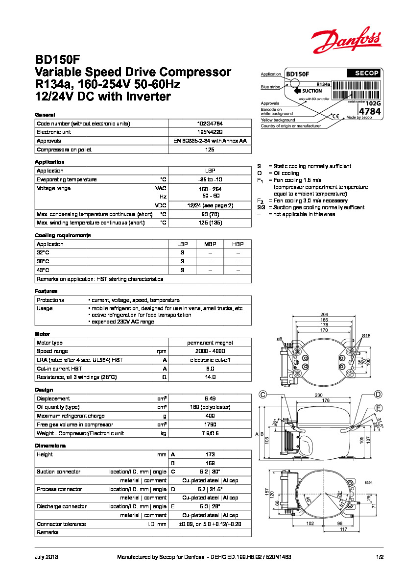 Технічні характеристики та розміри герметичного поршневого компресора постійного струму (12-24В) Danfoss BD150F