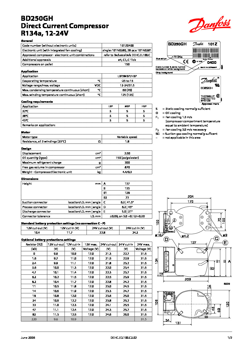 Технічні характеристики та розміри герметичного поршневого компресора постійного струму (12-24В) Danfoss BD250GH