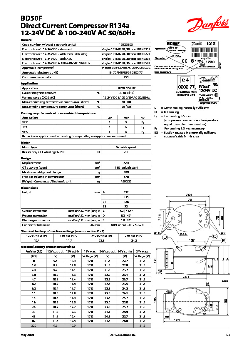 Технічні характеристики та розміри герметичного поршневого компресора постійного струму (12-24В) Danfoss BD50F