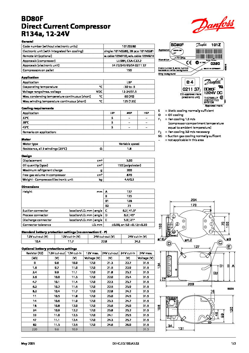 Технічні характеристики та розміри герметичного поршневого компресора постійного струму (12-24В) Danfoss BD80F