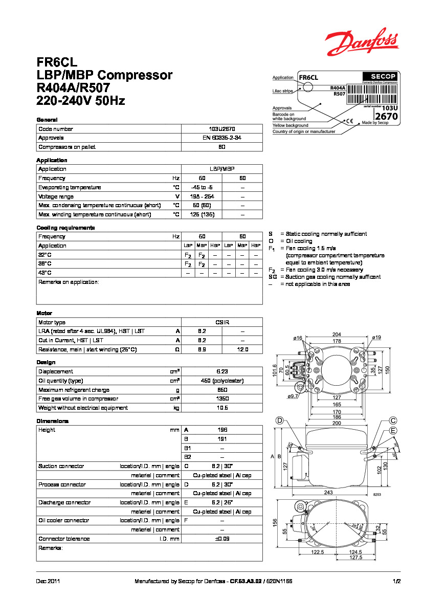 Технічні характеристики та розміри герметичного поршневого компресора Danfoss FR6CL