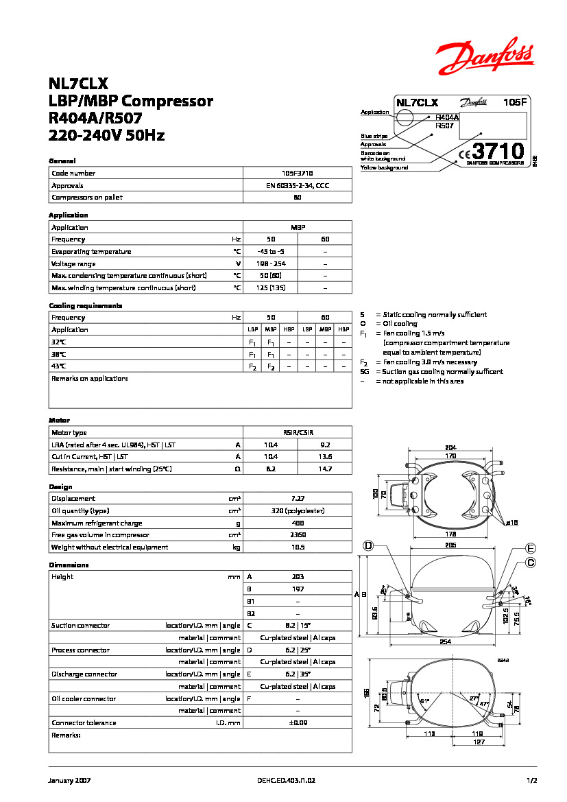 Технічні характеристики та розміри герметичного поршневого компресора Danfoss NL7CLX