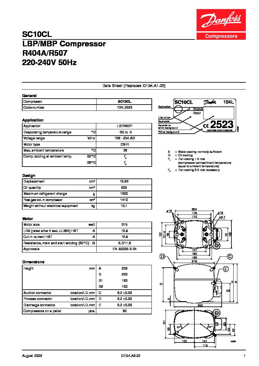 Технічні характеристики та розміри герметичного поршневого компресора Danfoss SC10CL