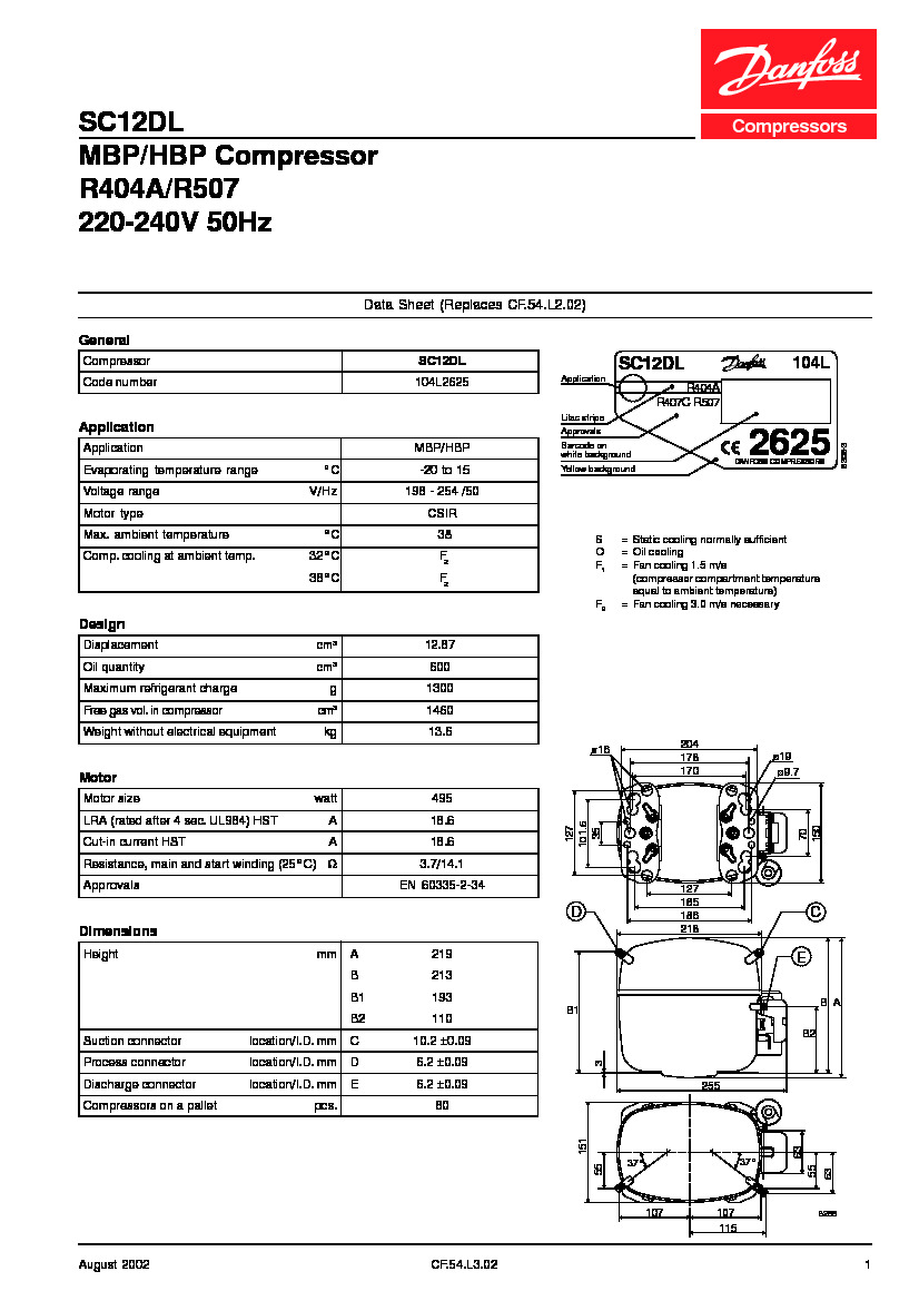 Технічні характеристики та розміри герметичного поршневого компресора Danfoss SC12DL