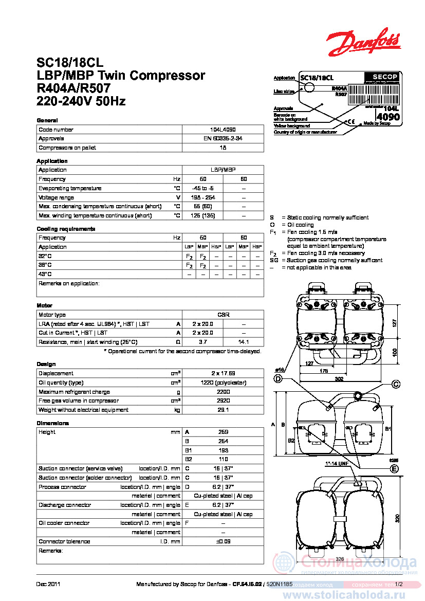 Технічні характеристики та розміри герметичного поршневого компресора Danfoss SC18