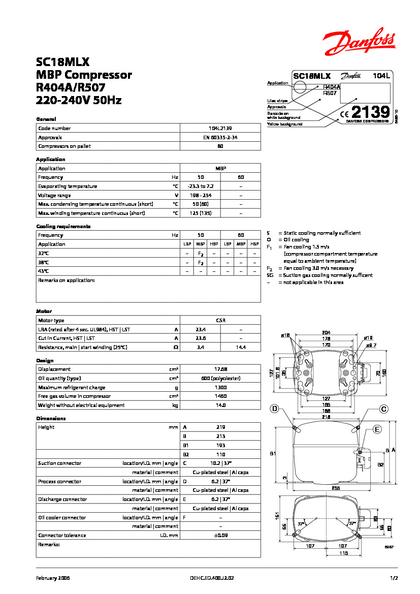 Технічні характеристики та розміри герметичного поршневого компресора Danfoss SC18MLX