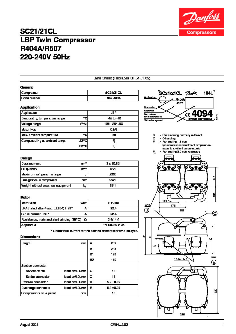 Технічні характеристики та розміри герметичного поршневого компресора Danfoss SC21