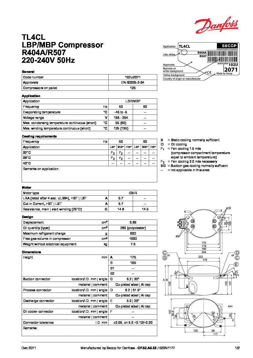 Технічні характеристики та розміри герметичного поршневого компресора Danfoss TL4CL