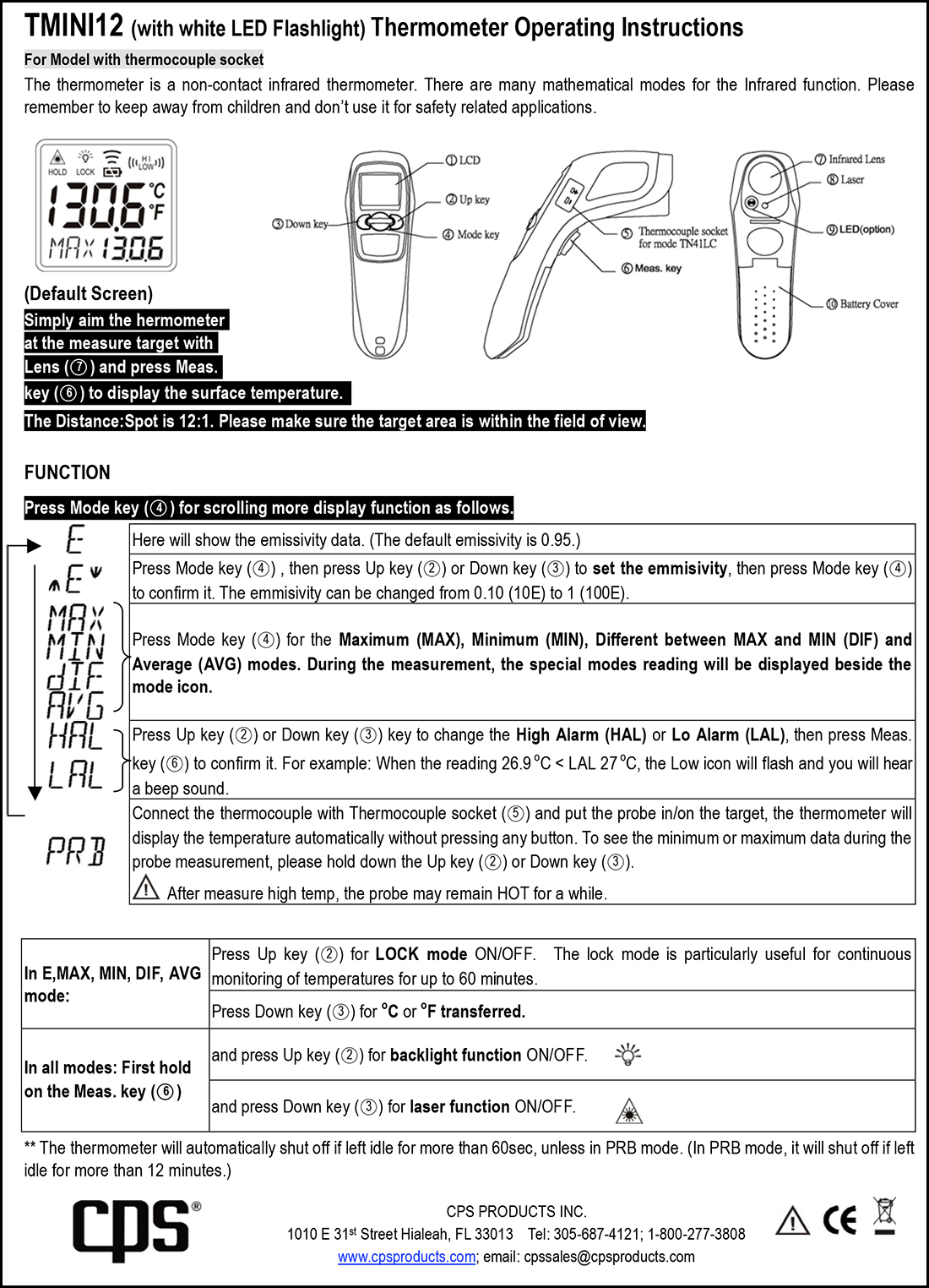 Инфракрасный термометр CPS TMINI12 (Инструкция по эксплуатации)