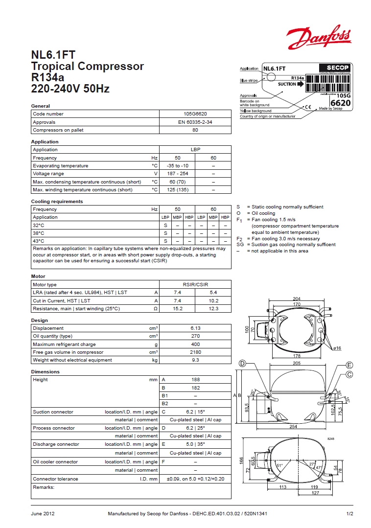 Технічні характеристики та розміри герметичного поршневого компресора Danfoss (Secop) NL6.1FT