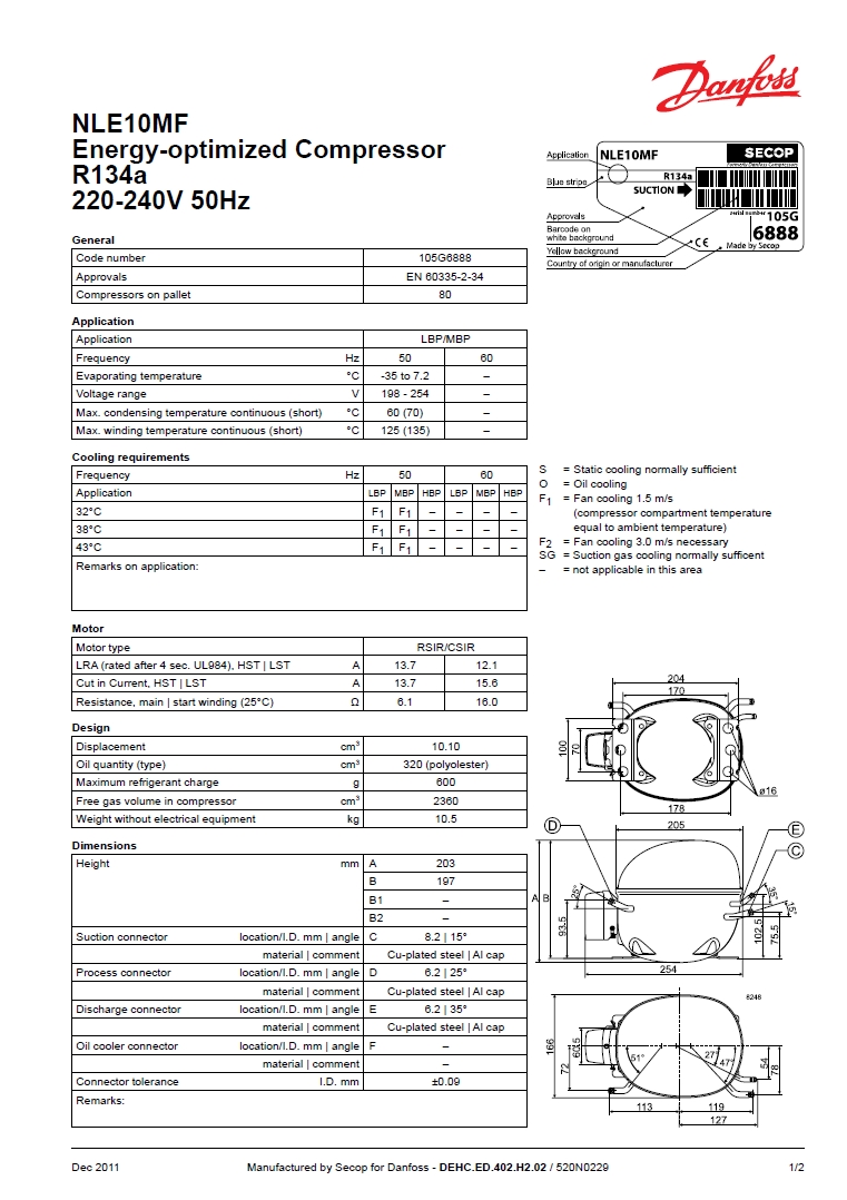 Технічні характеристики та розміри герметичного поршневого компресора Danfoss (Secop) NLE10MF