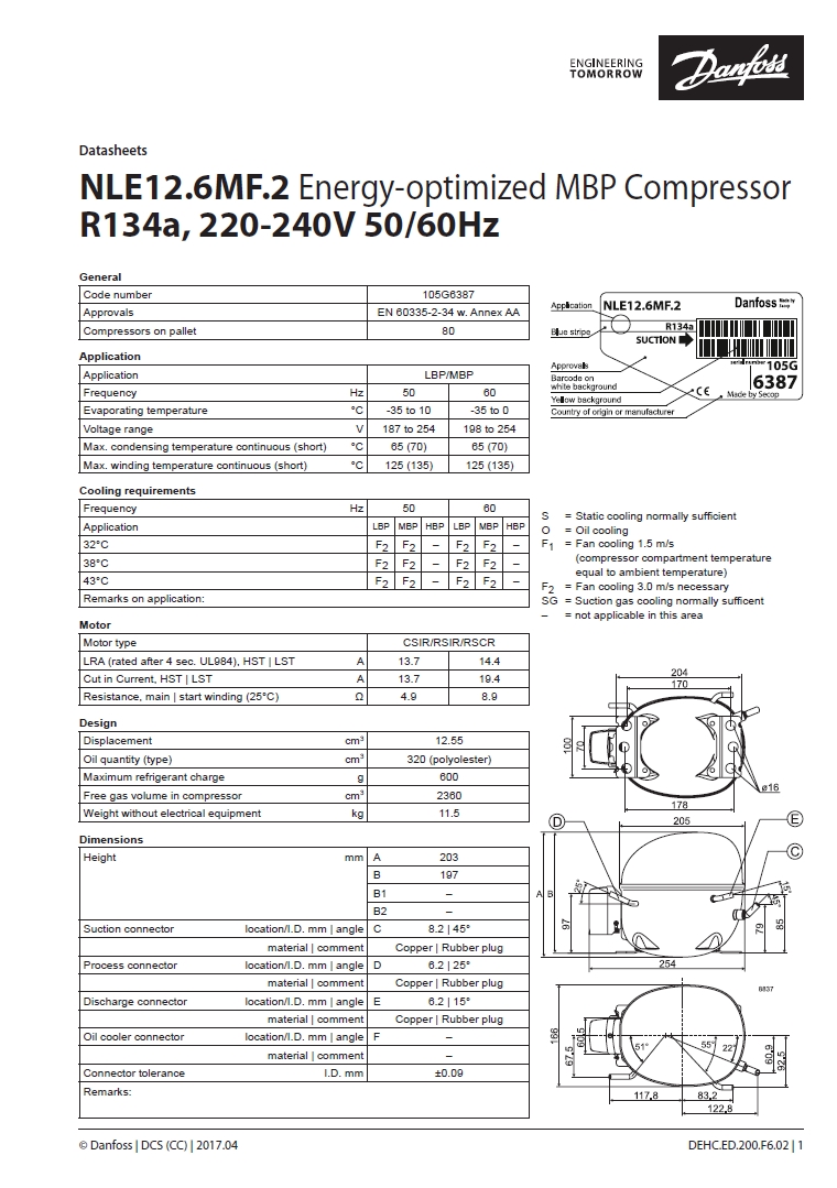 Технічні характеристики та розміри герметичного поршневого компресора Danfoss (Secop) NLE12.6MF.2