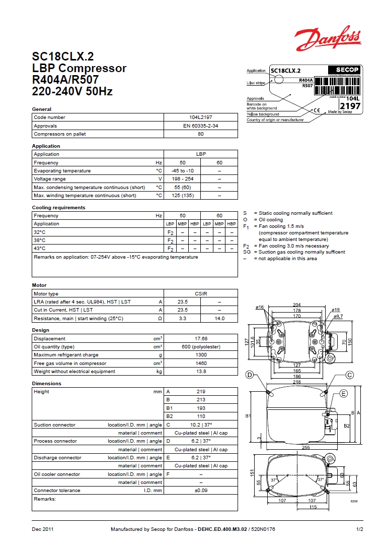 Технічні характеристики та розміри герметичного поршневого компресора Danfoss (Secop) SC18CLX.2